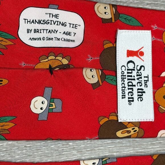 Save the Children Red Silk Tie THANKSGIVING Turkey Vintage 90s USA Made Necktie - Picture 6 of 7